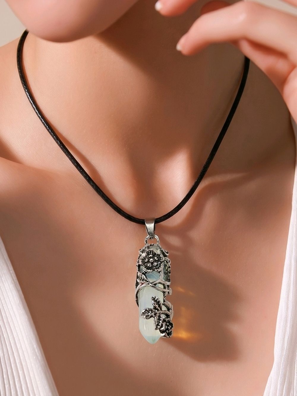 Opalite Crystal Necklace Iridescent Moonlight Point Pendant Moonstone Style Glow
